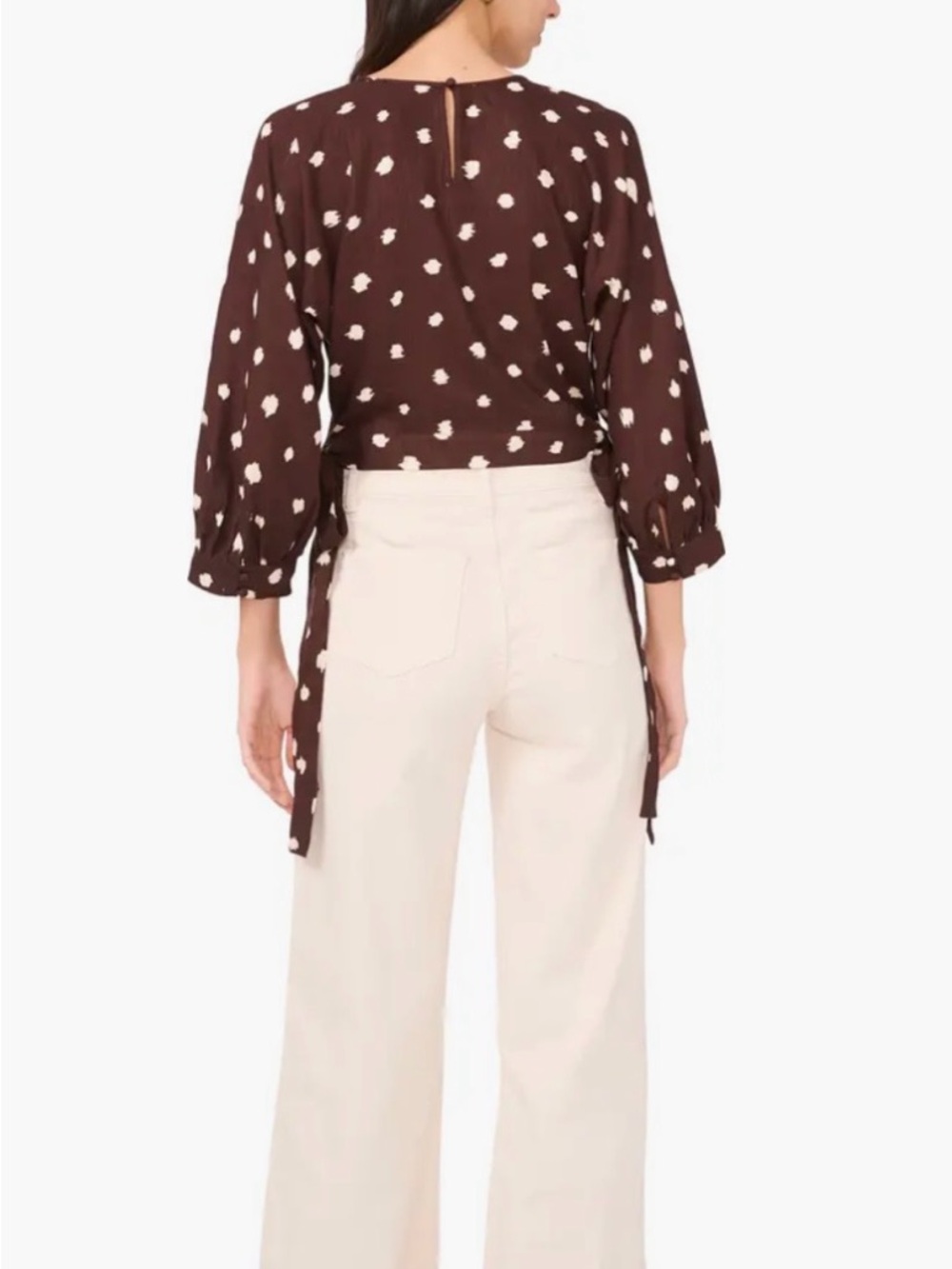 1.STATE Polka Dot Brown & White Side Ties Cropped Rayon Linen Top Size XS - Picture 11 of 12